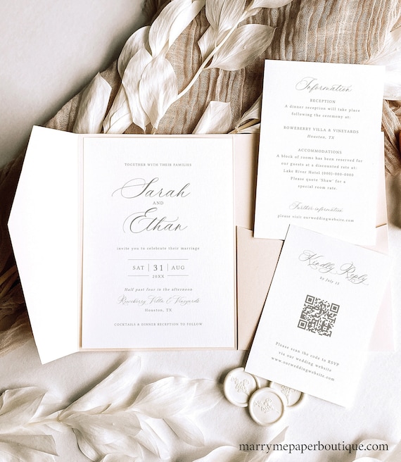 Wedding Invitation Template Suite, Calligraphy Pocketfold Design, QR Code RSVP, Editable Wedding Invites, Templett Instant Download