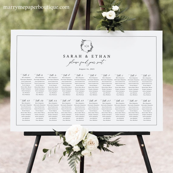 Wedding Seating Chart Template, Minimalist Wedding Crest, Editable, Seating Plan Sign, Poster, Printable, Templett INSTANT Download