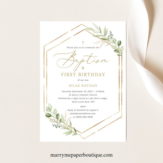 Baptism & First Birthday Invitation Template, Greenery Hexagonal, Baptism Birthday Invite, Printable, Editable, Templett INSTANT Download