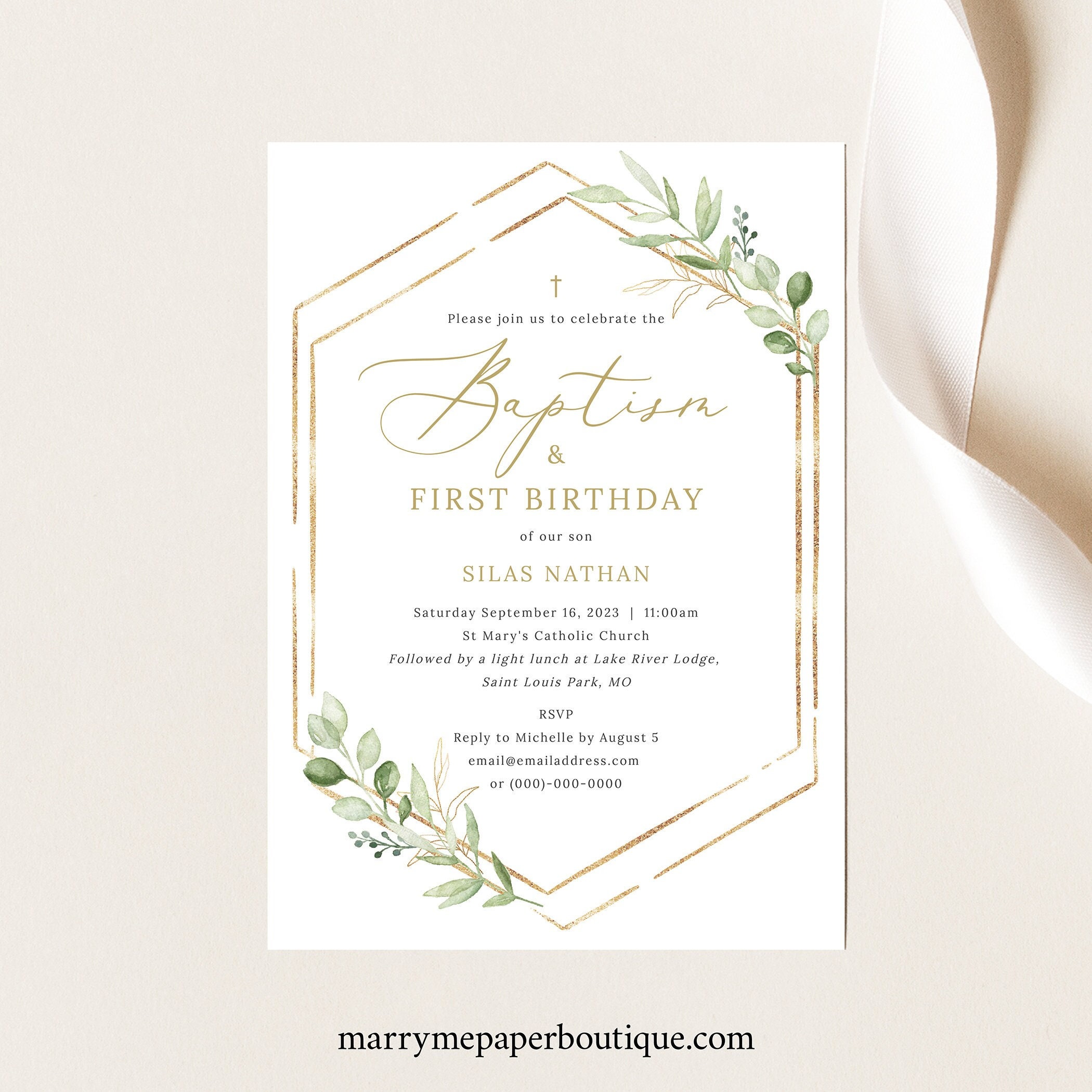 Baptism & First Birthday Invitation Template, Greenery Hexagonal