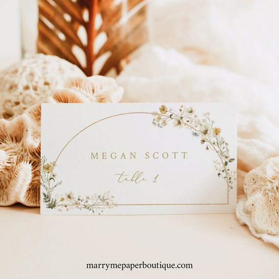 Wedding Place Card Template, Rustic Yellow Flowers Arch, Editable Yellow Floral Flat & Tent Name Cards, Printable, Templett INSTANT Download