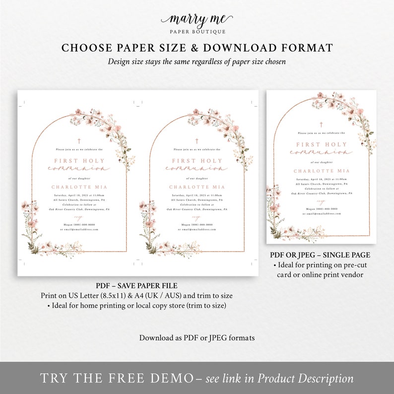 First Holy Communion Invitation Template, Rustic Pink Flower Arch, Editable First Communion Invite Card Printable, Templett INSTANT Download image 5