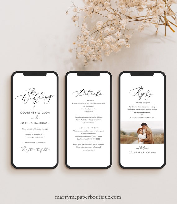 Wedding Invitation Text Template, Elegant Script, Digital Wedding Invite, Editable, RSVP, Details, Send by Phone, Templett INSTANT Download