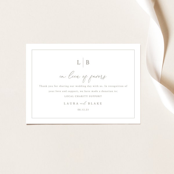 In Lieu of Favors Card Template, Monogram & Border, Elegant Charity Donation Card Printable, Editable, Templett INSTANT Download