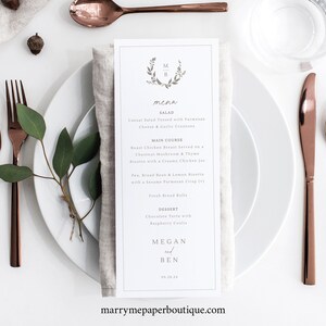 Wedding Menu Template, Elegant Wreath Monogram, Wedding Table Menu Card, Printable, Editable, Tall Thin Menu, Templett INSTANT Download image 2