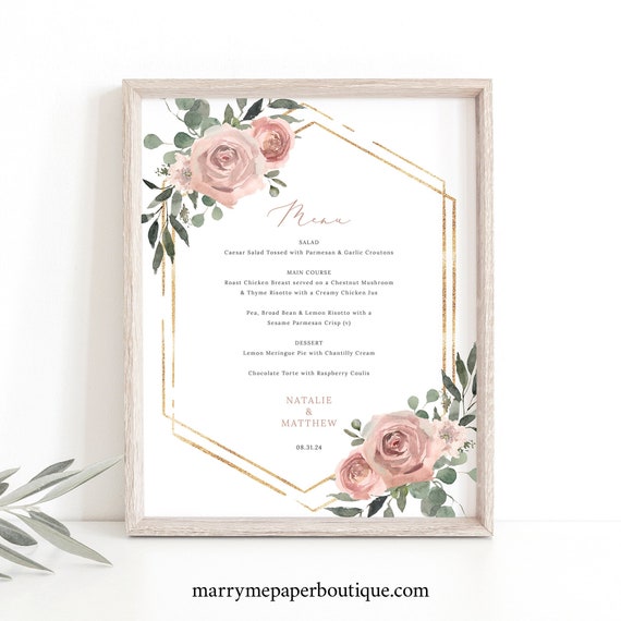 Wedding Menu Sign Template, Dusky Pink Floral, Editable, Pink Flowers, Wedding Table Menu Sign, Printable, 8x10, Templett INSTANT Download