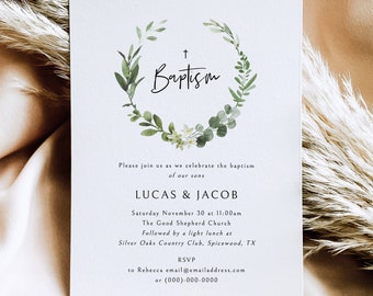 Baptism Invitation Template, Elegant Greenery, Editable, Twins Baptism Invitation Card, Double Baptism, 5x7, Templett INSTANT Download