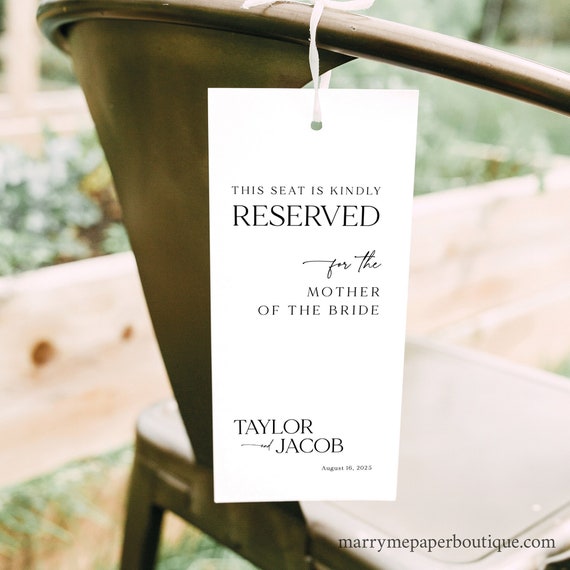 Reserved Seat Sign Template, Modern & Classic, Editable, Reserved Row Sign, Reserved Seating Chair Tag, Printable, Templett INSTANT Download