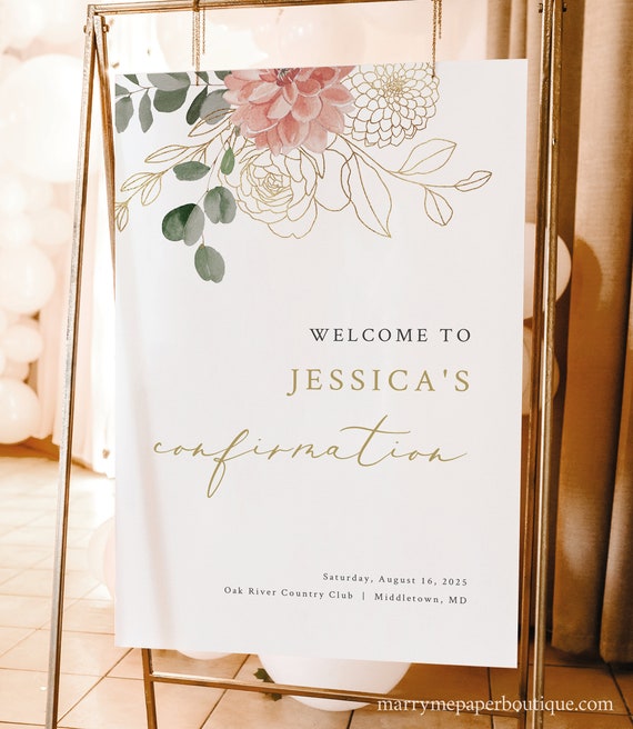 Confirmation Welcome Sign Template, Blush & Gold Flowers, Welcome to the Confirmation Sign, Editable, Printable, Templett INSTANT Download