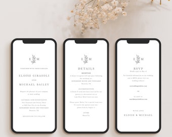 Wedding Invitation Template, Send by Phone, Leaf Monogram, RSVP, Details, Text Wedding Invite, Editable, Digital, Templett INSTANT Download