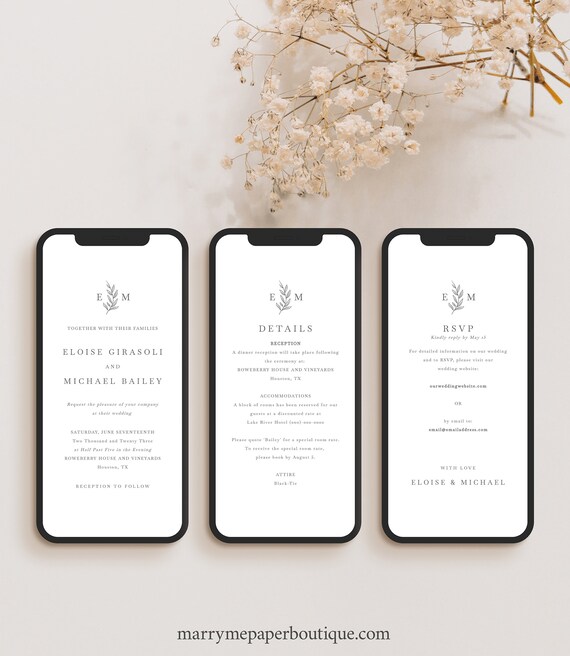 Wedding Invitation Template, Send by Phone, Leaf Monogram, RSVP, Details, Text Wedding Invite, Editable, Digital, Templett INSTANT Download