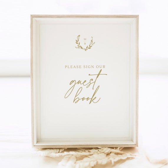 Please Sign Our Guestbook Sign Template, Gold Wreath Monogram, 8x10, Gold Guest Book Sign Template, Editable, Templett INSTANT Download