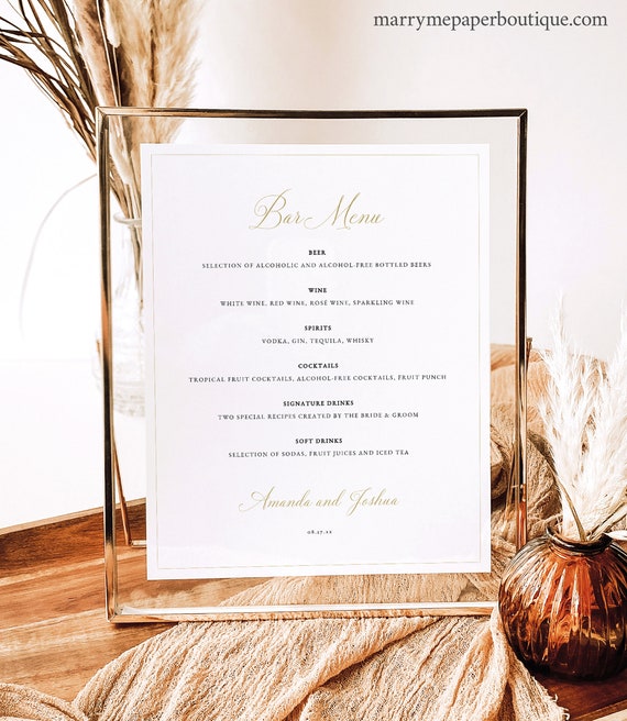 Wedding Bar Menu Template, Traditional Wedding Calligraphy in Gold, Drinks Menu, 8x10 Bar Menu Sign, Editable, Templett INSTANT Download