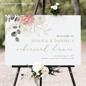 Rehearsal Dinner Welcome Sign Template, Blush & Gold Flowers, Wedding Rehearsal Welcome Sign, Printable, Templett INSTANT Download, Editable