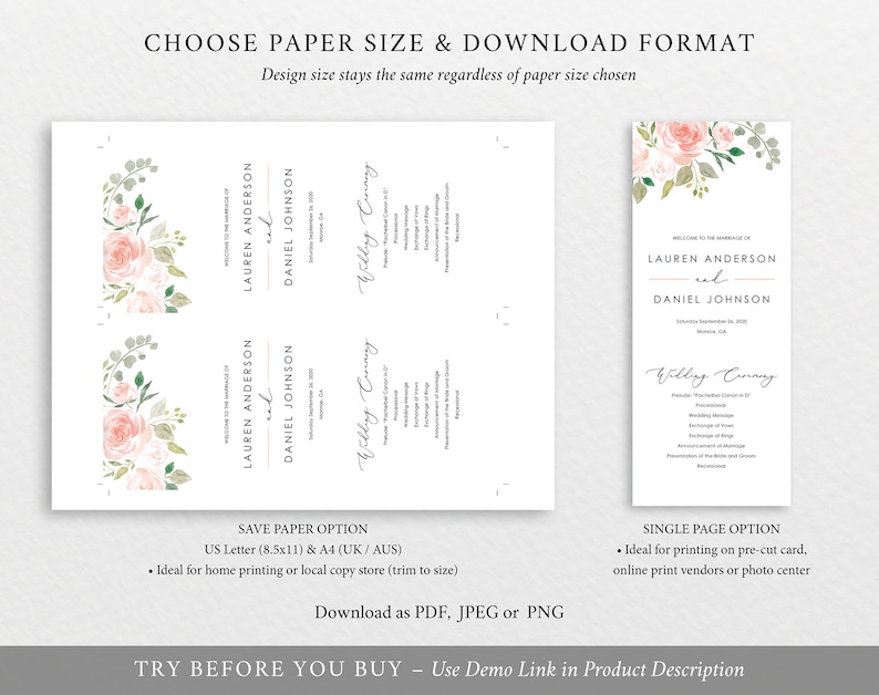 Blush Pink Floral Wedding Program Template Fully Editable Instant Download TRY BEFORE You BUY