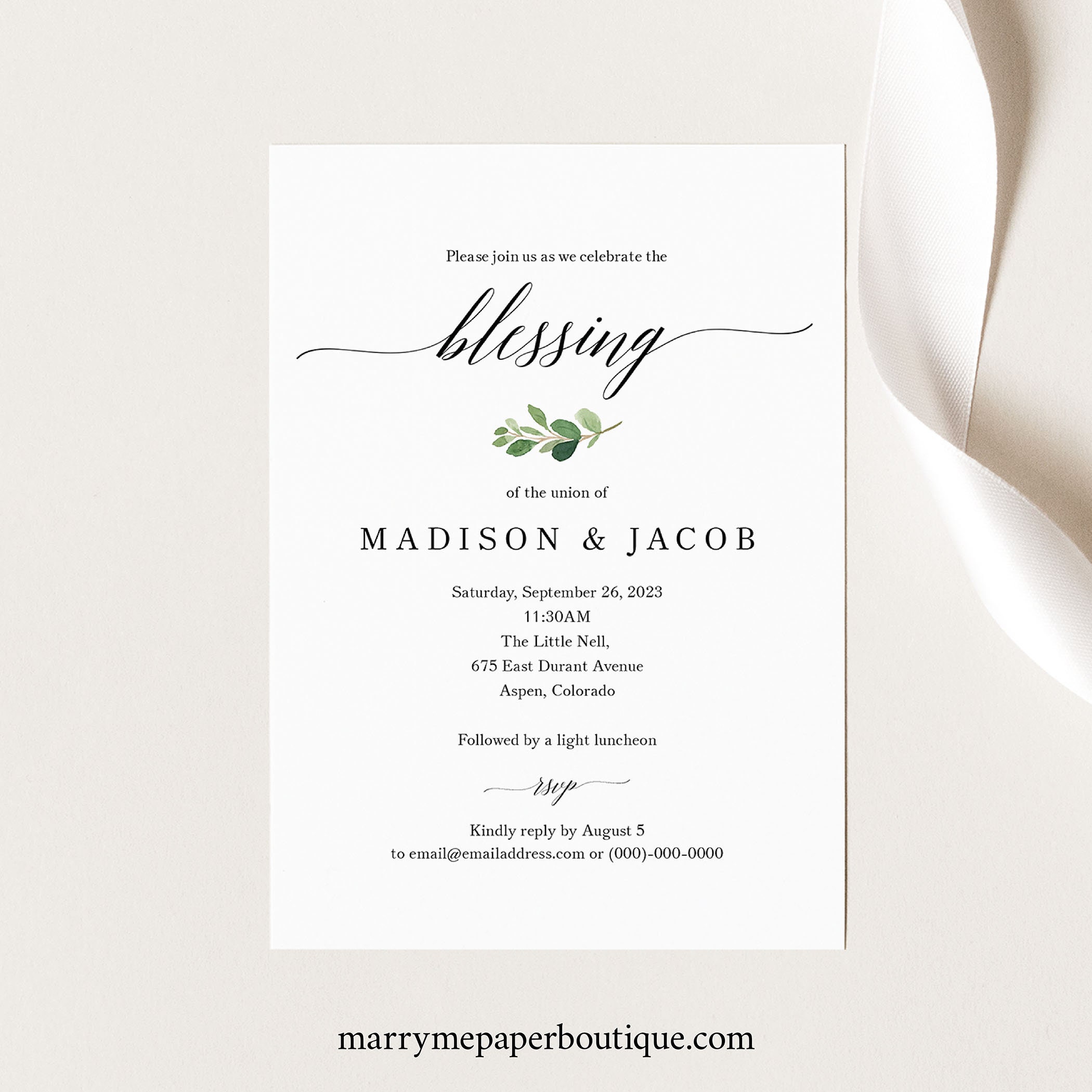 Couples Blessing Ceremony Invitation Template Greenery Leaf Etsy