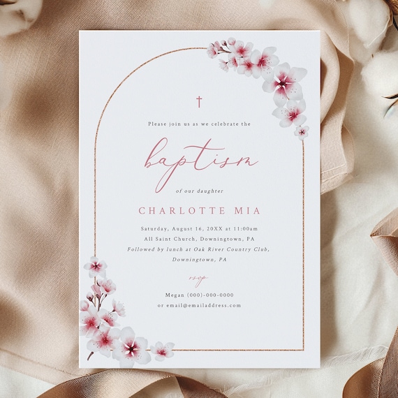 Baptism Invitation Template, Cherry Blossom Arch, Editable, 5x7, Pink Flower Baptism Invitation Card Template, Templett INSTANT Download