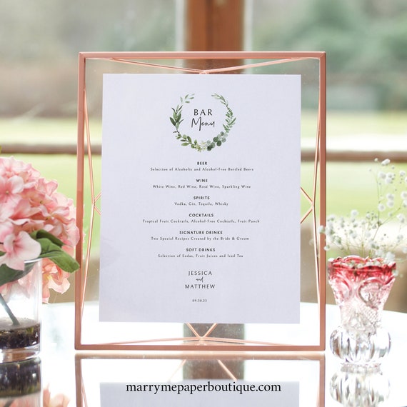 Bar Menu Template, Elegant Greenery, Wedding Drinks Menu, Printable, Editable Bar Menu, Templett INSTANT Download