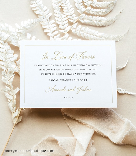 In Lieu of Favors Card Template, Traditional Wedding Calligraphy, Gold, Editable, Charity Donation Enclosure Card, Templett INSTANT Download