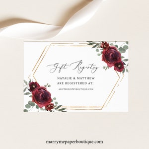 Gift Registry Card Template, Elegant Burgundy Floral, Printable Wedding Registry Card, Editable, Hexagonal, Templett INSTANT Download