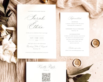 Wedding Invitation Template Suite, Calligraphy Design, QR Code RSVP Card, Editable Wedding Invitations, Printable, Templett INSTANT Download