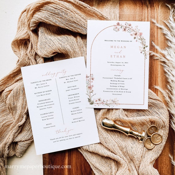 Wedding Program Template, Rustic Pink Flowers Arch, 5x7, Self Edit, Wedding Ceremony Program, Editable, Printable, Templett INSTANT Download