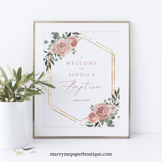 Baptism Welcome Sign Template, Dusky Pink Floral, Baptism Table Sign, 8x10, Printable, Editable, Dusty Pink, Templett INSTANT Download