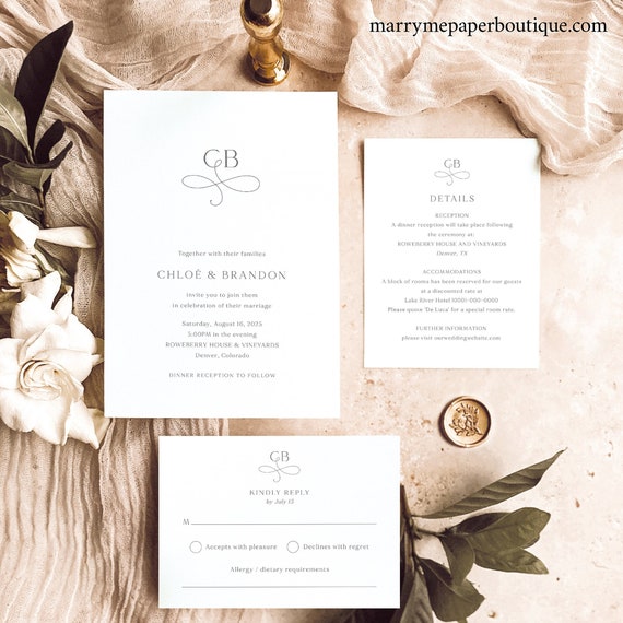 Wedding Invitation Template Set, Elegant Monogram, Editable, Wedding Monogram Invitation Suite, Printable, Templett INSTANT Download