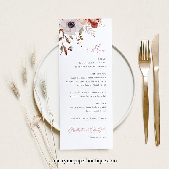 Fall Wedding Menu Template, Fall Floral, Wedding Table Menu Card, Printable, Editable, Templett INSTANT Download