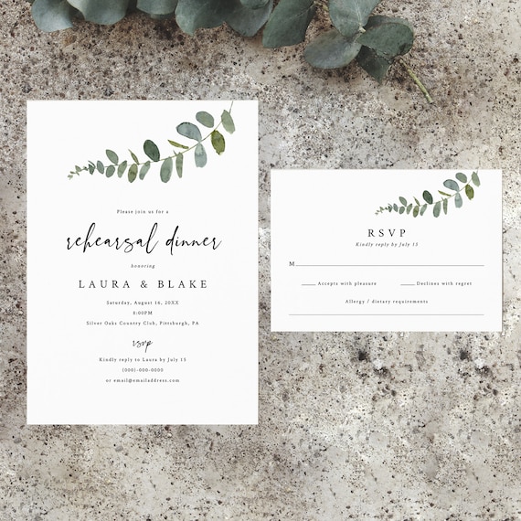 Rehearsal Dinner Invitation & Reply Template, Eucalyptus Greenery, Rehearsal Invite, Editable, RSVP Card, Templett INSTANT Download