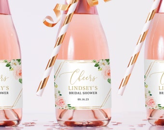 Mini Champagne Bottle Label Template, Try Before Purchase, Blush Floral Hexagonal, Editable Instant Download