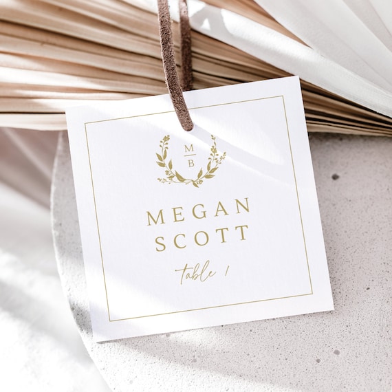 Wedding Guest Tag Template, Gold Wreath Monogram, Editable, Gold Monogram, Wedding Seating Tag, Square Name Tag, Templett INSTANT Download
