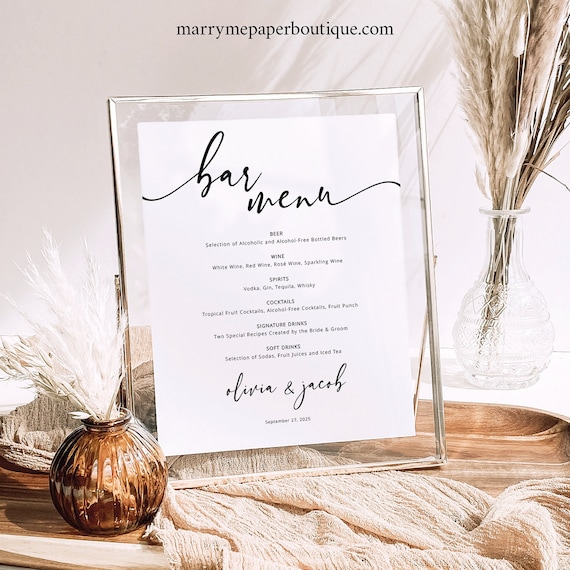 Bar Menu Template, Modern Calligraphy, Try Before Purchase, Editable & Printable, Templett Instant Download