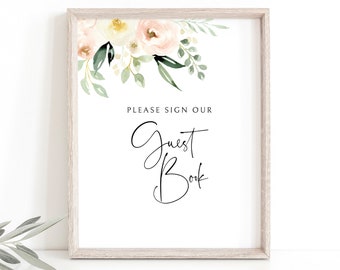 Guest Book Sign Template, Pink Floral Greenery, Editable, Please Sign Our Guestbook Sign Printable, Wedding Sign, Templett INSTANT Download