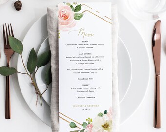 Wedding Menu Template, Blush Floral Hexagonal, Editable Instant Download, Try Before Purchase