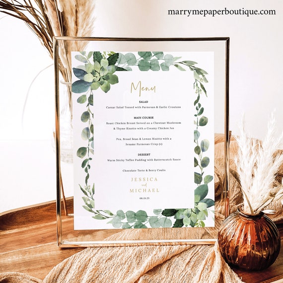 Wedding Menu Sign Template, Lush Greenery, 8x10, Editable, Greenery Menu Sign, Printable, Table Menu, Self Edit, Templett INSTANT Download