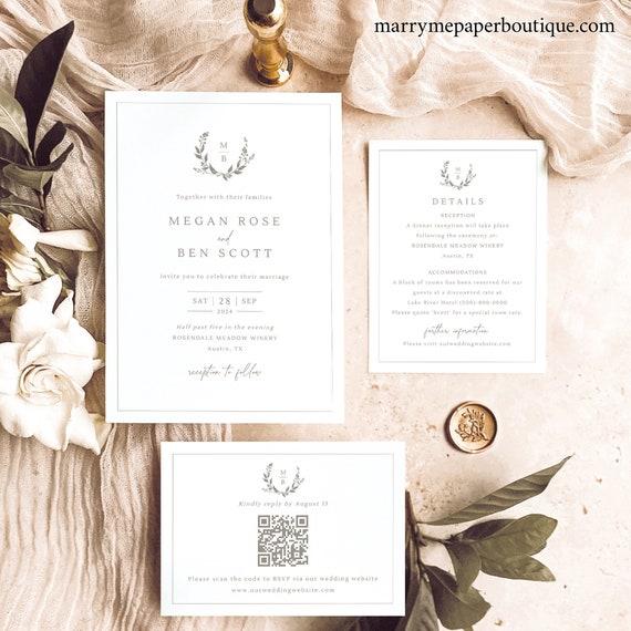 Wedding Invitation Template Set, Wreath Monogram, QR Code RSVP, Details, Wedding Invite, Printable, Editable, Templett INSTANT Download