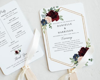 Wedding Program Fan Template, Demo Available, Printable Editable Instant Download, Burgundy Navy