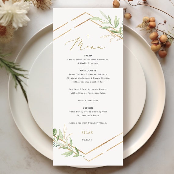 Wedding Menu Template, Greenery Hexagonal, 4x9 Menu Card, Editable, Greenery Menu, Wedding Table Menu Card, Templett INSTANT Download