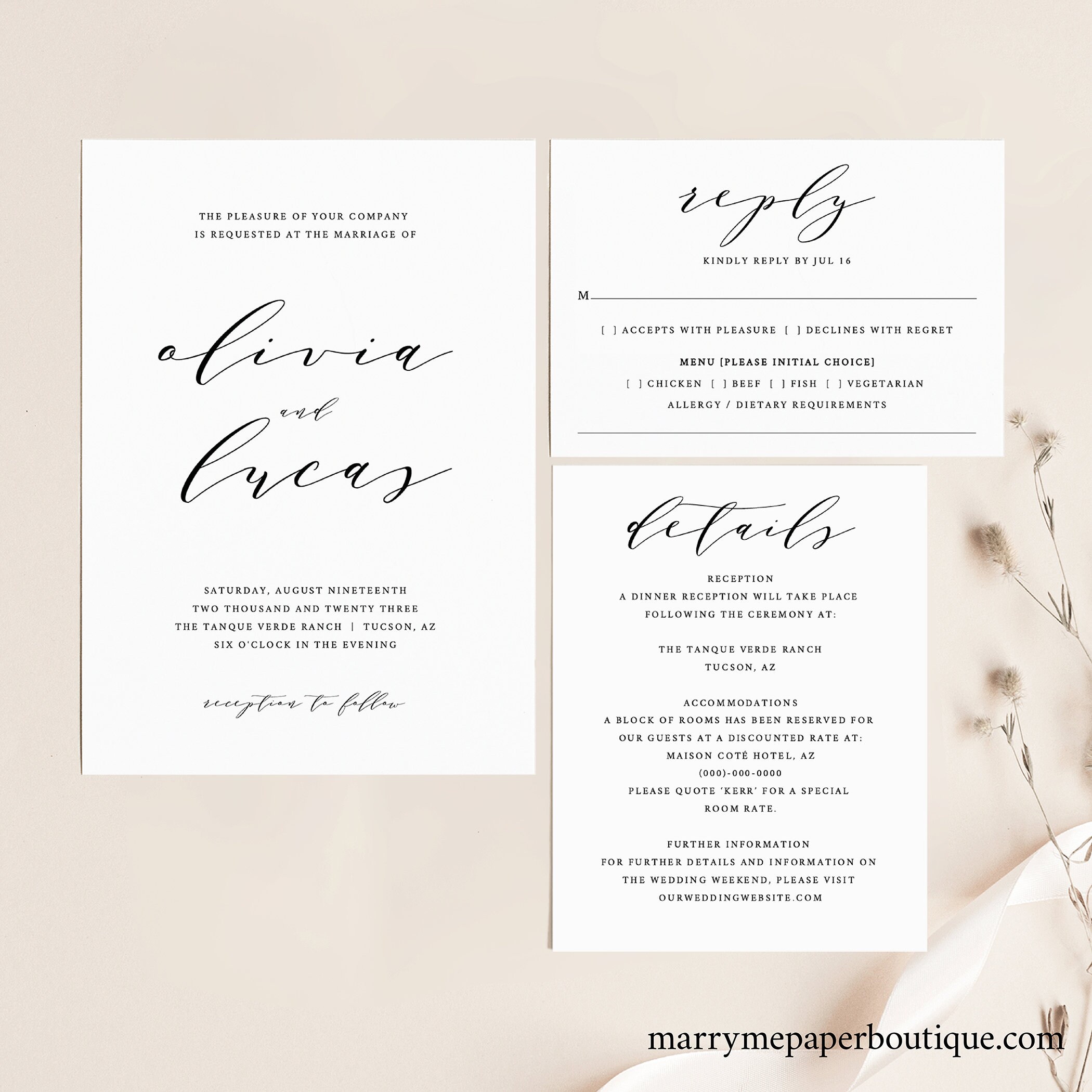 Wedding Invitation Template, TRY BEFORE You BUY, Instant Download, Editable  Template, Printable Invitation Set, Rsvp & Detail Cards Within Wedding Rsvp Menu Choice Template
