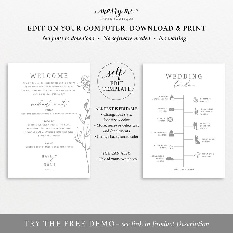 Wedding Itinerary Card Template, Elegant Botanical, Editable & Printable Instant Download, Templett image 4