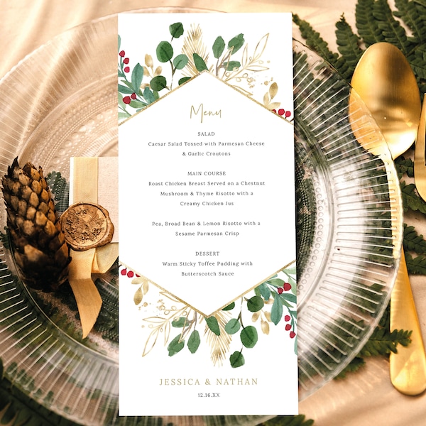 Winter Berry Menu Template, Christmas Wedding, Menu Printable, Instant Download, Templett, Editable