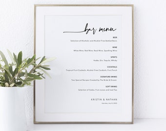 Bar Menu Template, Modern Contemporary, Clean Simple Wedding Drinks Menu, Printable, Editable Wedding Bar Menu, Templett INSTANT Download