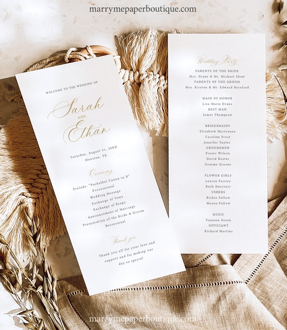 Wedding Ceremony Program Template, Calligraphy Design in Gold, Editable, Wedding Program, Printable, 4x9, Templett INSTANT Download