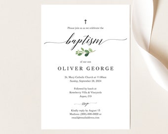 Printable Baptism Invitation Template, Greenery Baptism Template, Printable Baptism Invite Template, Instant Download