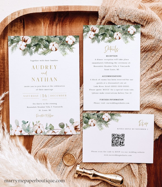 Wedding Invitation Template Suite, Winter Pine & Cotton, Editable, QR Code RSVP, Christmas Wedding Invite Set, Templett Instant Download