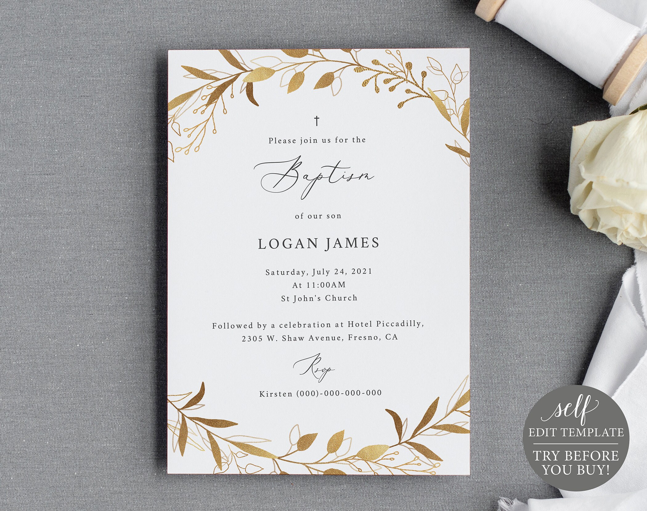 TRY BEFORE You BUY Gold Wreath Fully Editable Instant Download Baptism Invitation Template