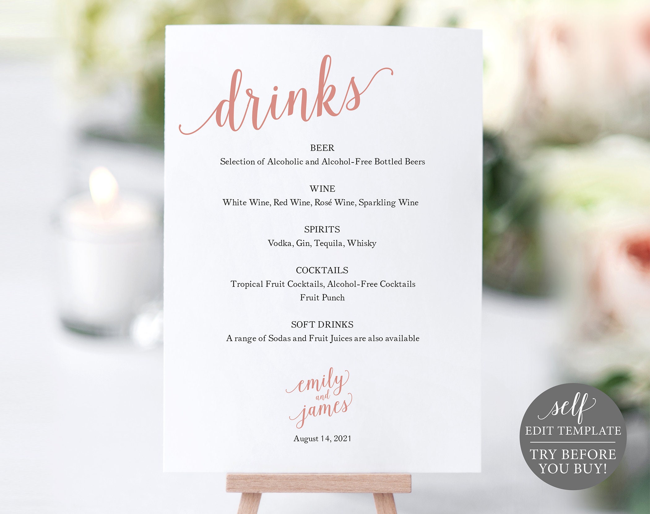 Rose Gold Wedding Drinks Menu Template, Printable Wedding Rose Gold Drinks  Menu, Editable Rose Gold Menu, Instant Download In Menu Template Free Printable