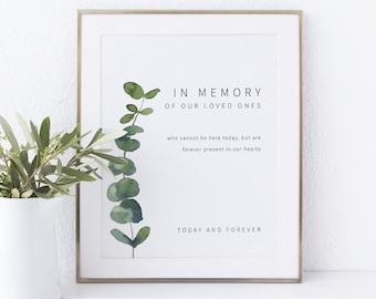 In Memory Sign Printable, Elegant Eucalyptus, Greenery Wedding Sign, INSTANT Download, Editable Template