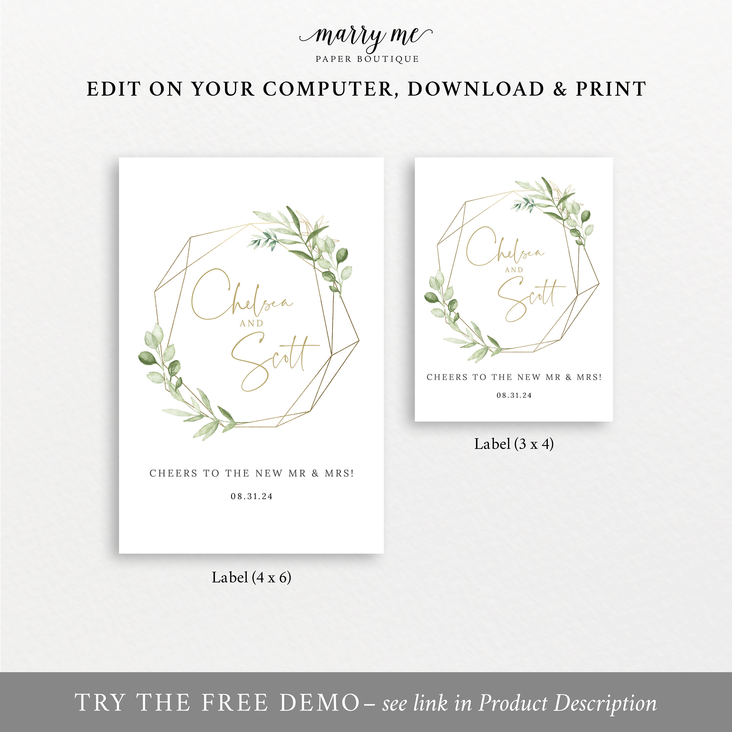 Wine Label Template Greenery Gold Editable &amp; Printable | Etsy